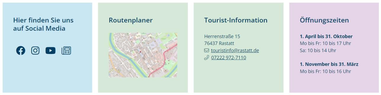 Logos of social channels (Facebook, Instagram, YouTube, Stage), route planner, contact information for tourist information and opening hours     