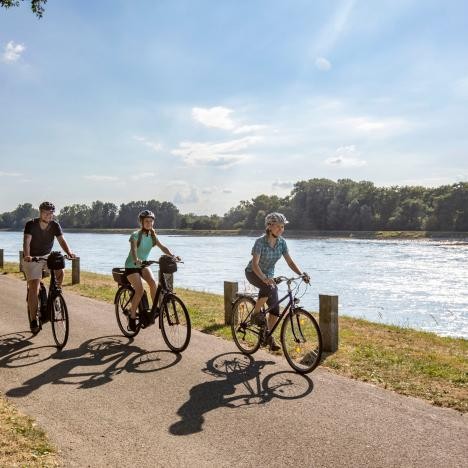 Cyclists take a break on the banks of the Rhine in Plittersdorf