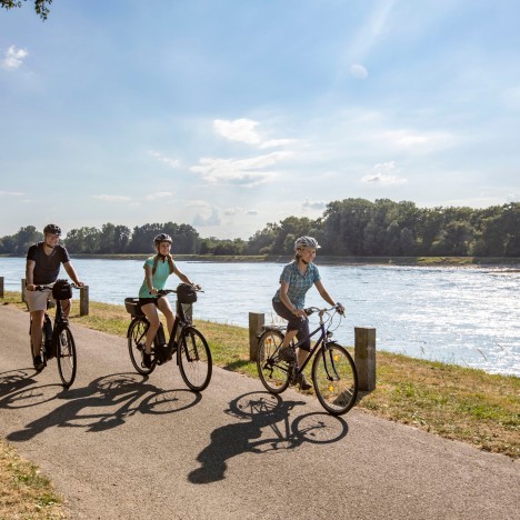 Des cyclistes font une pause sur les rives du Rhin à Plittersdorf