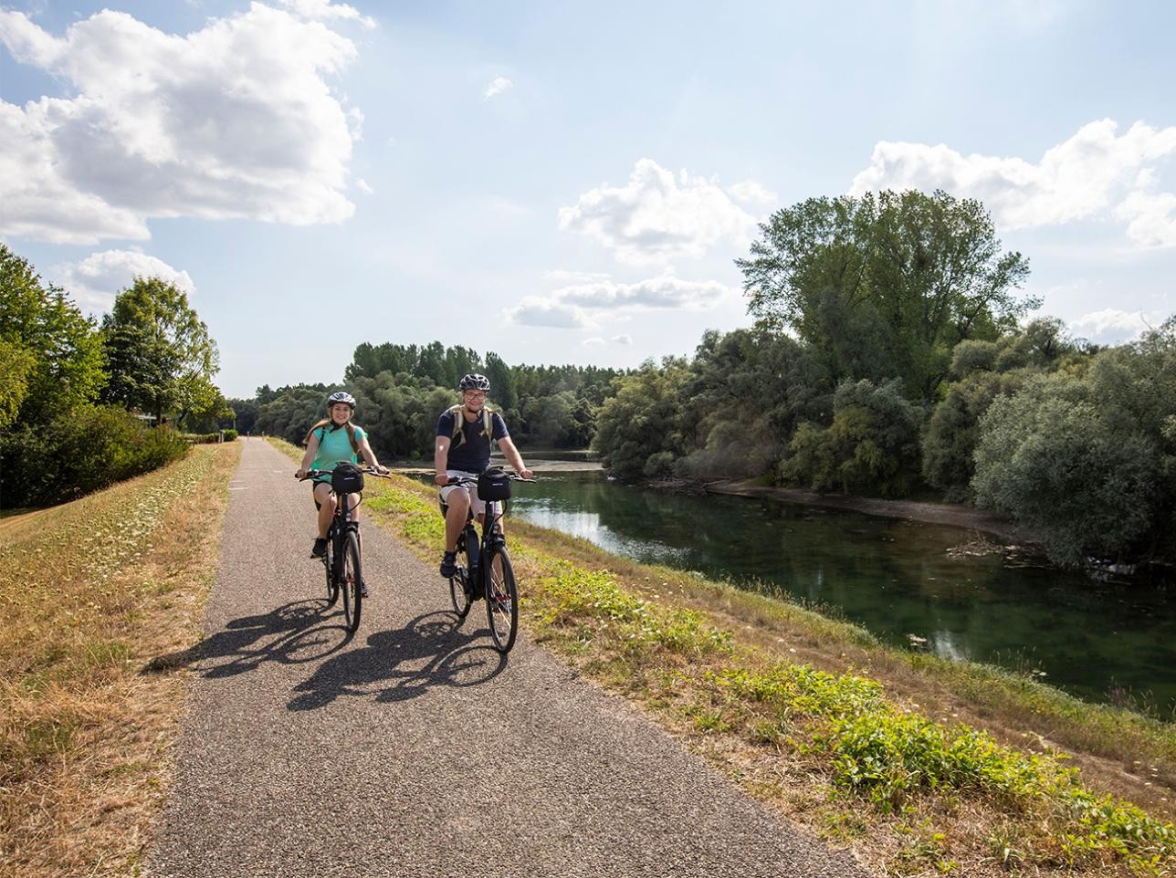Radfahrer auf dem Rheindamm in Plittersdorf